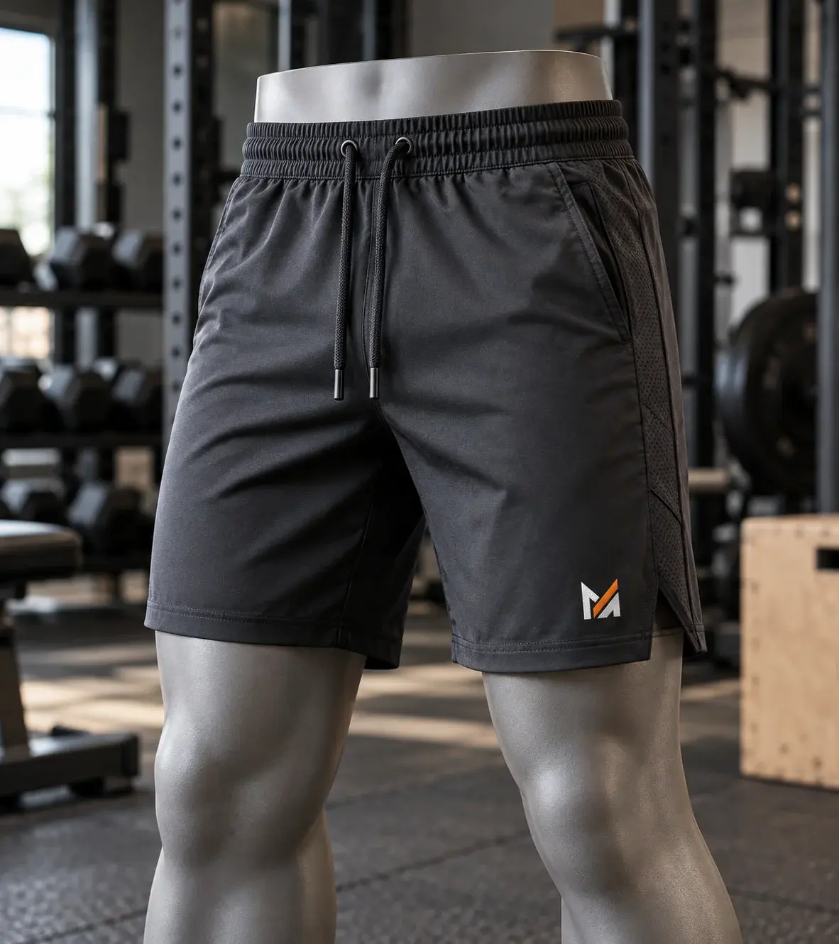 Charcoal gray custom gym and training shorts displayed on a silver mannequin, featuring an elastic drawstring waistband, breathable side panels, and Mega Apparel logo in a modern fitness studio.